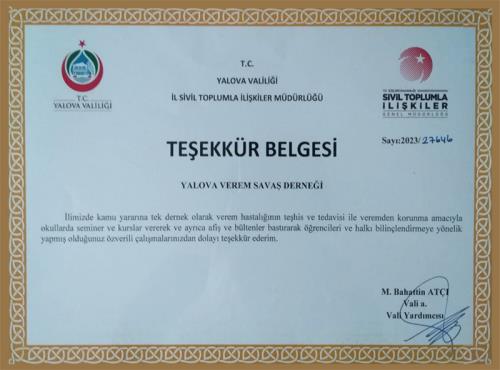 Yalova verem Savaş Derneğine Faaliyetlerinden Dolayı 